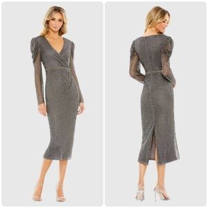 NWI Mac Duggal Size 14 Beaded Wrap Over Puff Sleeve Dress Style 93674 Charcoal